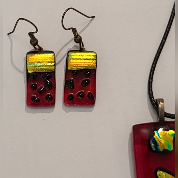 VINTAGE 2 PCS SET FUSED GLASS LAMPWORK PENDANT NECKLACE & EARRINGS - Picture 4 of 16